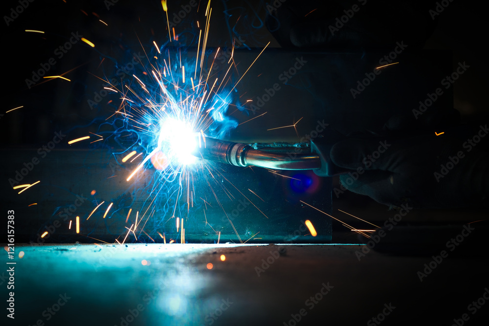 a person wearing a welding mask works on metal with a welding torch, creating sparks through the welding process