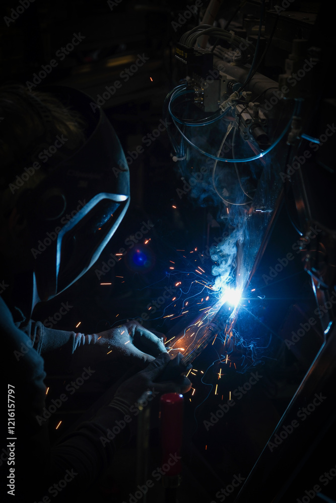 a person wearing a welding mask works on metal with a welding torch, creating sparks through the welding process