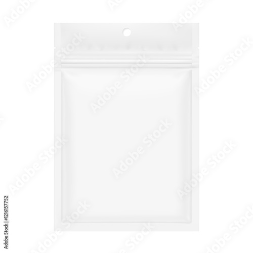 Sachet ziplock bag with zip lock and hold slot mockup. Hyper realistic vector illustration isolated on white background. Ready for use in your design. EPS10.