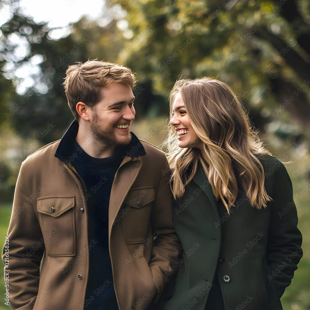 Young couple enjoying a walk in the park on a cool autumn day Young couple enjoying a walk in the park on a cool autumn day