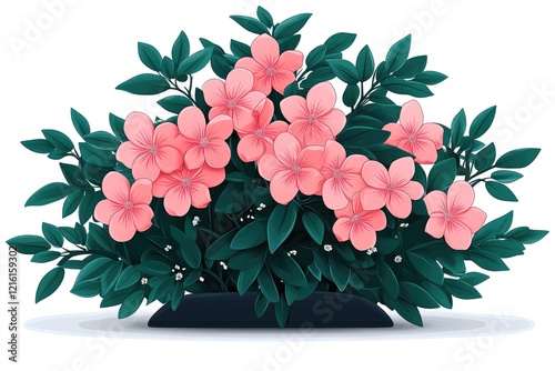 Vibrant pink flowers surrounded by lush green leaves in a serene garden setting