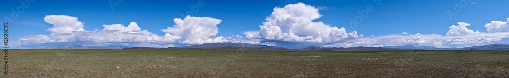 Panorama of Khirigsuur - ancient burial sites in valley. in Gorny Altai Republic. Panorama of Khirigsuur - ancient burial sites in valley. in Gorny Altai Republic.