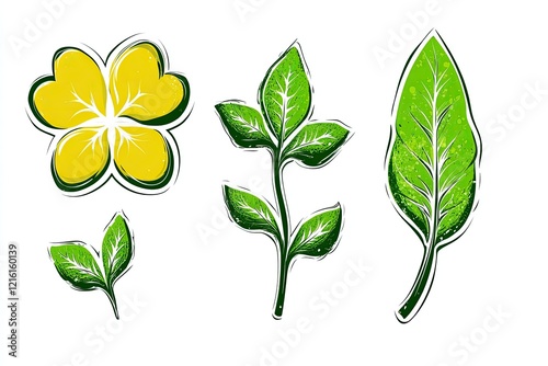 Colorful illustrations of various green leaves and a yellow flower on a white background