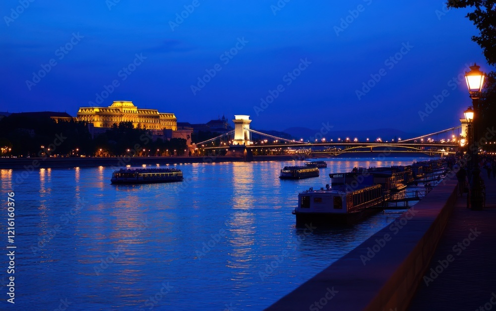 Fototapeta premium Nighttime view of a city with illuminated buildings, bridge and boats on river