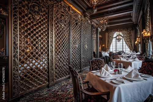 Elegant restaurant interior, ornate screens, tables set, winter window view, fine dining photo