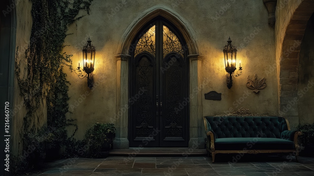 Fototapeta premium A serene gothic-inspired space with a dark emerald velvet sofa, an ornate door, and ivy creeping along the walls.