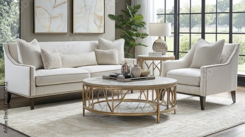 A serene living area with Mocha Mousse walls  a white modern sofa  and a neutral area rug.