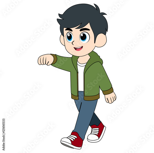 Cartoon Boy Walking Calm Vector Illustration