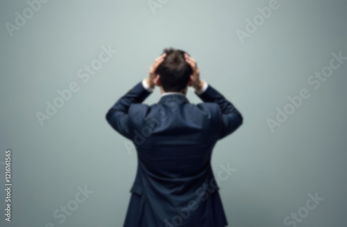 blur background of Rear view of business man standing in front of a wall hands on head wondering what to do next. Full length of businessman facing the wall 