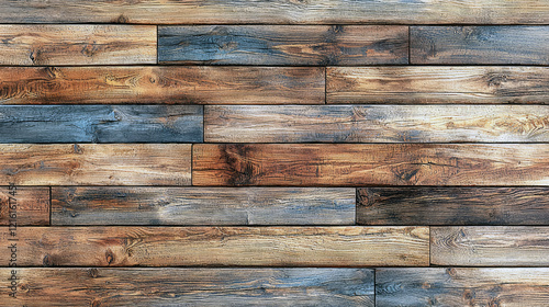 Rustic Wooden Wall Texture: Brown, Grey, and Blue Planks Background photo