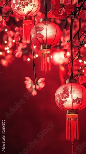 Red Lanterns Hanging Festive Decor, Asian Culture photo