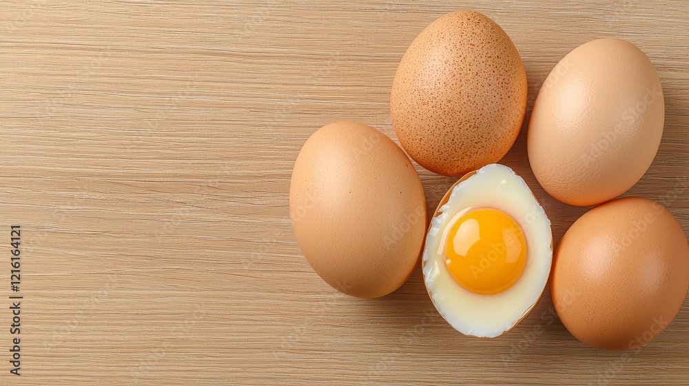 Group of fresh eggs arranged on a rustic wooden surface for culinary use and food photography Group of fresh eggs arranged on a rustic wooden surface for culinary use and food photography