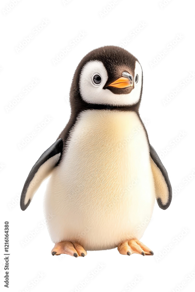 Obraz premium A baby penguin, isolate on white background, with fluffy down feathers and a curious look. cutout png
