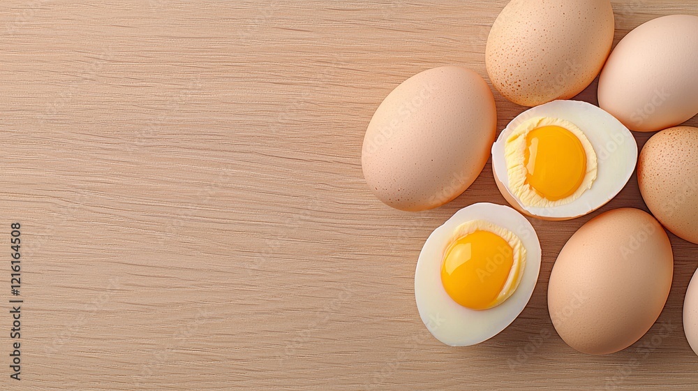 A bunch of fresh eggs arranged on a rustic wooden table surface in natural lighting A bunch of fresh eggs arranged on a rustic wooden table surface in natural lighting