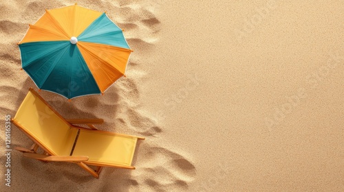 A vibrant beach scene with a colorful umbrella and a reclined lounge chair on sandy shores, inviting relaxation and summer vibes. Perfect setting for a tranquil seaside getaway.