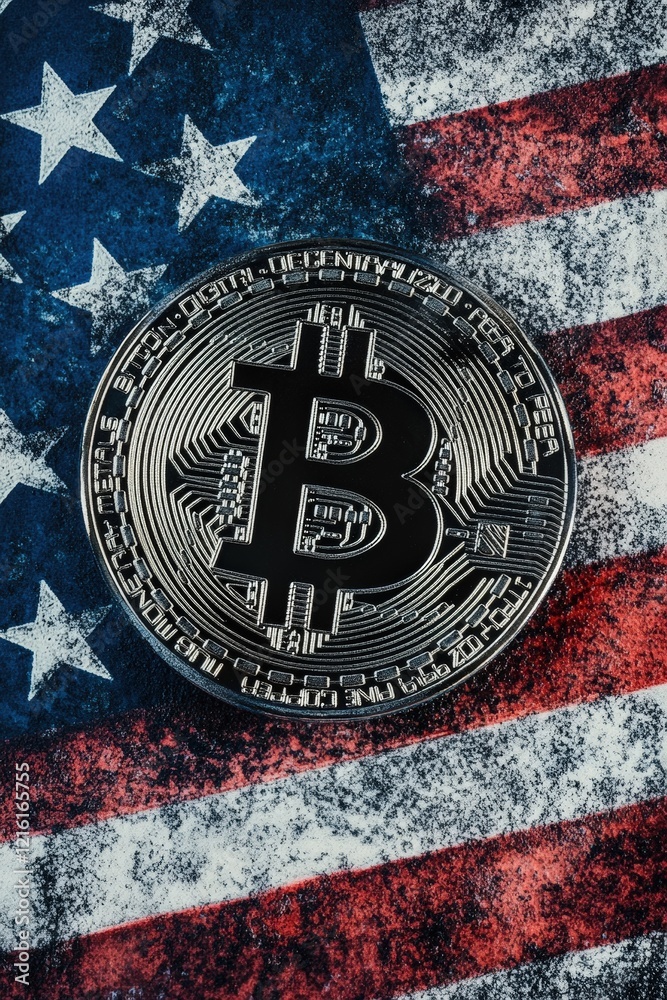 Bitcoin coin on American flag background symbolizing cryptocurrency investment, digital currency trends, and the growth of blockchain technology in finance. Bitcoin coin on American flag background symbolizing cryptocurrency investment, digital currency trends, and the growth of blockchain technology in finance.