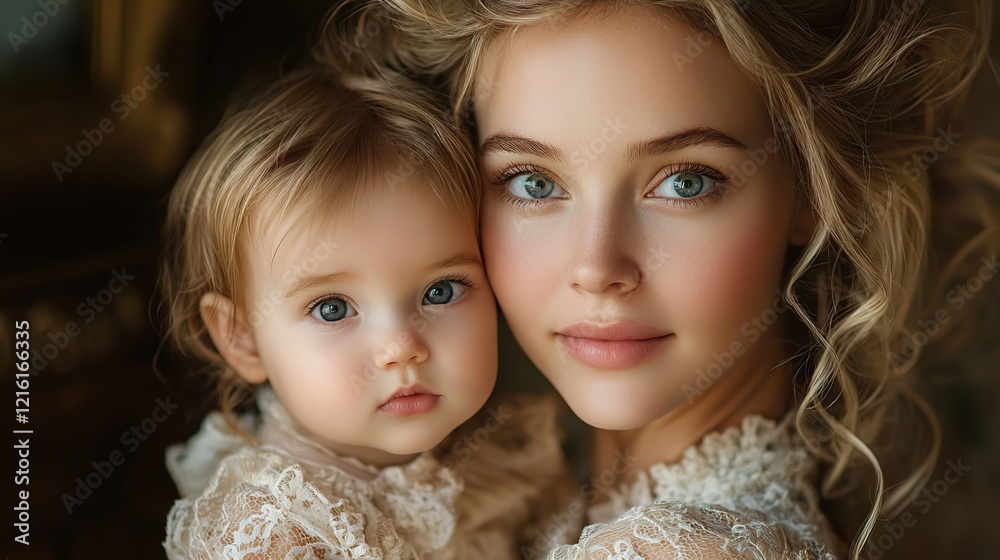 An artistic portrait of a woman in a vintage-inspired lace dress, embracing her baby An artistic portrait of a woman in a vintage-inspired lace dress, embracing her baby