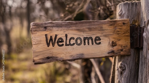 Rustic wooden welcome sign in nature. photo