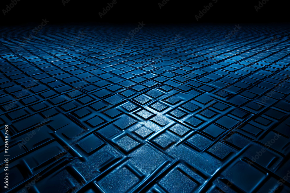 Dark Blue 3D Abstract Background with Geometric Pattern Embossed Surface and Subtle Light Reflections Dark Blue 3D Abstract Background with Geometric Pattern Embossed Surface and Subtle Light Reflections