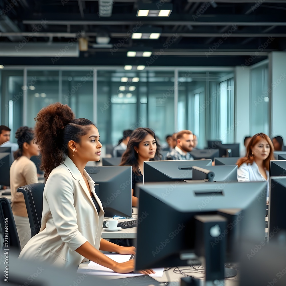 En una oficina grande, se puede ver a lo lejos una variedad de empleados trabajando mientras miran los monitores. Son mujeres y hombres hispanos con estilo, con diferentes peinados y vestimentas. En una oficina grande, se puede ver a lo lejos una variedad de empleados trabajando mientras miran los monitores. Son mujeres y hombres hispanos con estilo, con diferentes peinados y vestimentas.