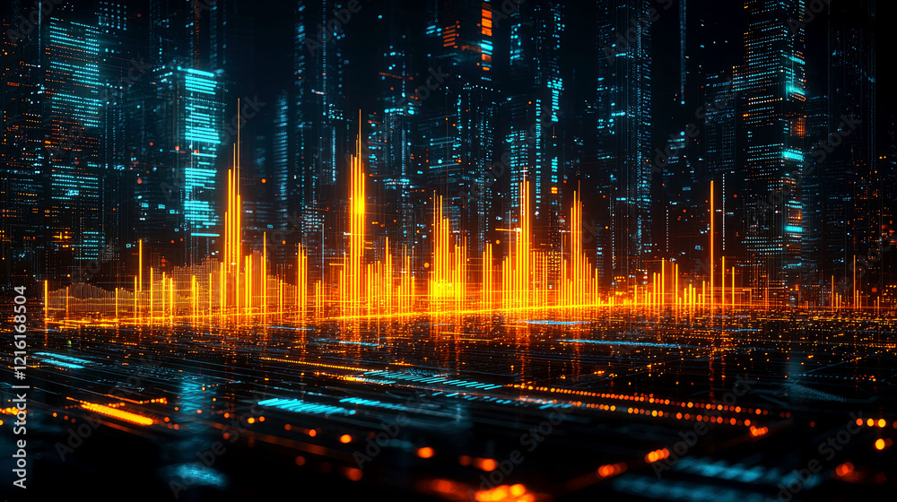 Obraz premium Cyberpunk Cityscape: Futuristic Digital Metropolis at Night