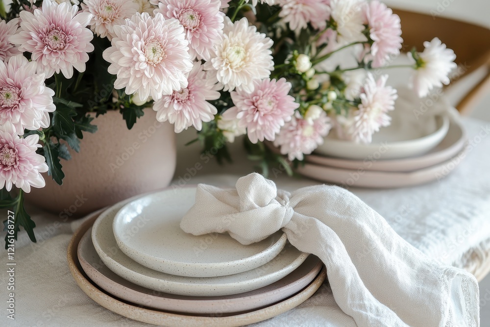 Pink chrysanthemums table setting, autumnal dining room Pink chrysanthemums table setting, autumnal dining room