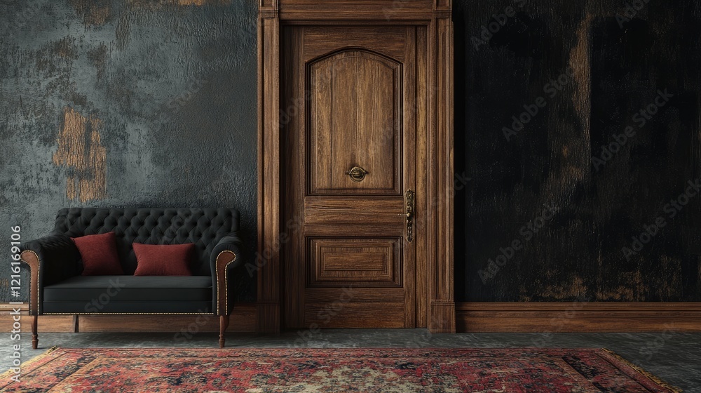 A sophisticated setting with a black tufted sofa, a carved oak door, and a richly textured rug.