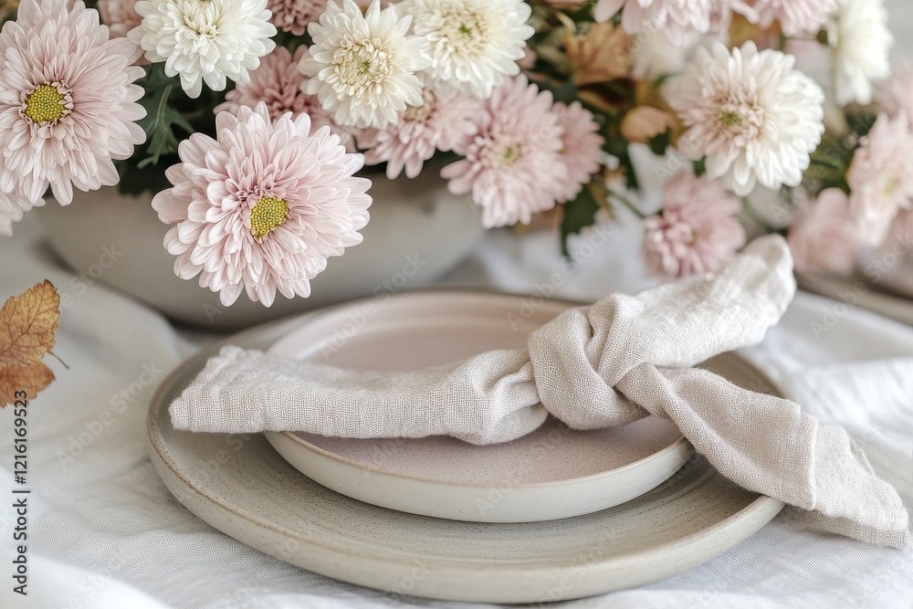 Pastel chrysanthemums table setting autumn fall leaves Pastel chrysanthemums table setting autumn fall leaves