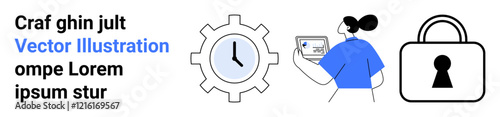 Person interacting with a device, a clock within a gear, and a padlock, symbolizing tech integration, time management, and security. Ideal for tech tutorials, security courses, productivity apps