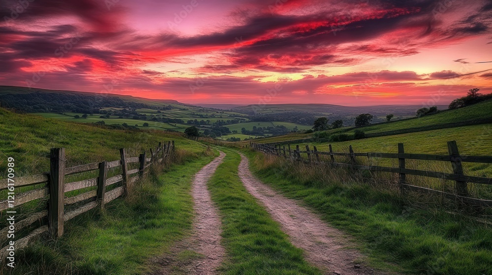 A country path stretches through green fields under a vivid pink and red sky at sunset A country path stretches through green fields under a vivid pink and red sky at sunset