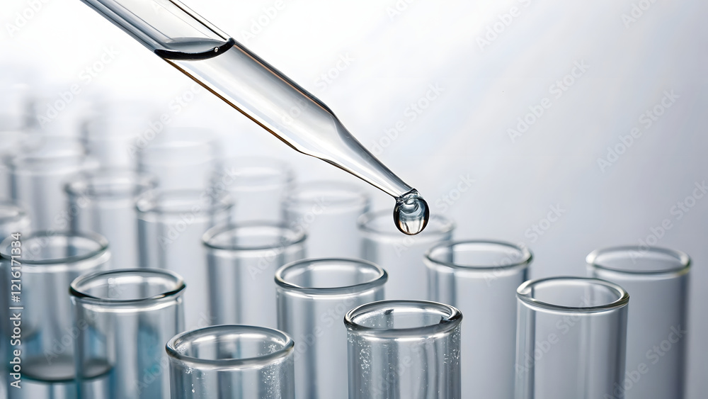 Glass test tubes filled with liquids sit on a rack in a science laboratory, ready for chemical experiments Glass test tubes filled with liquids sit on a rack in a science laboratory, ready for chemical experiments