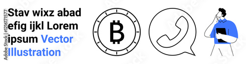 Bitcoin symbol, phone icon, and a person talking on the phone holding a clipboard. Ideal for business communication, cryptocurrency, customer service, digital marketing, fintech, consulting