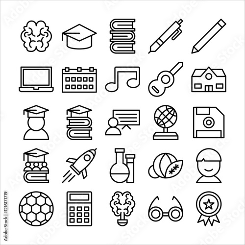education and school icon set. Containing badge, book, boy, brain, calculator, date, education and more. vector icons collection.