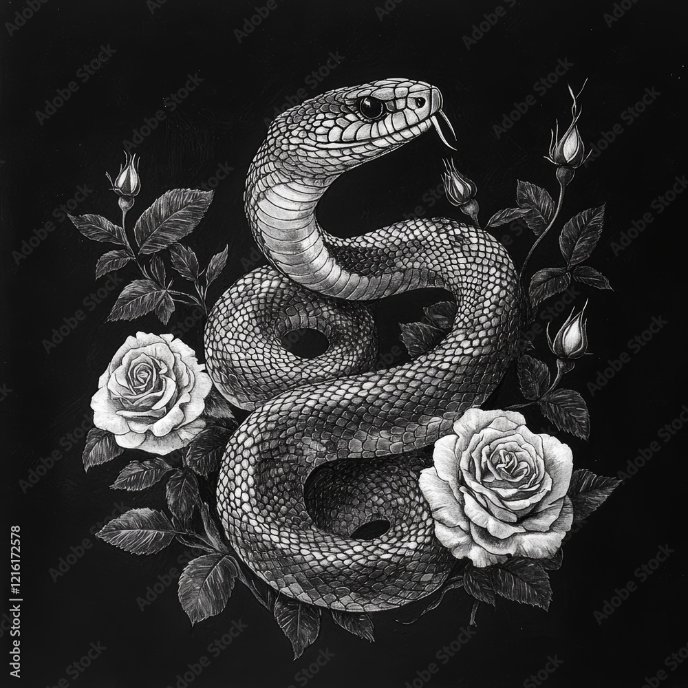 Obraz premium Colorful Tattoo design with skull, roses and snake. Vector illustration.