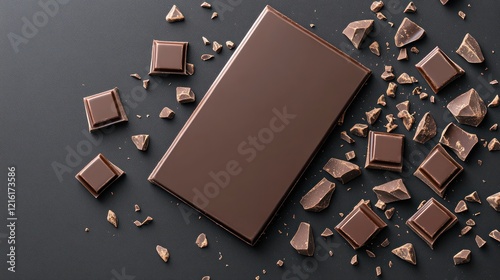 Empty Chocolate Frame with Brown Milk Chocolate Pieces on Dark Table - Food Photography Background photo