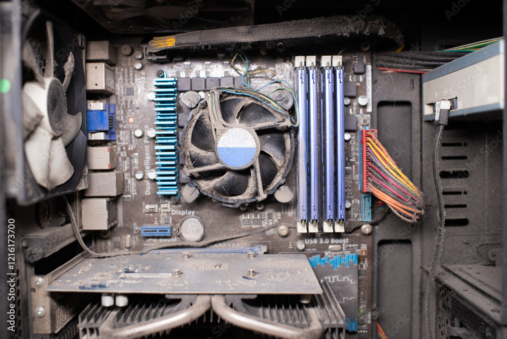 custom made wallpaper toronto digitalDusty computer interior showing the motherboard, CPU fan, RAM sticks, and power cables, emphasizing disrepair and poor maintenance