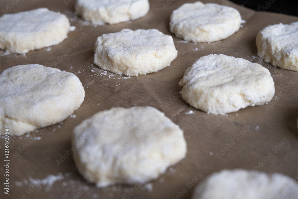 Culinary background. Cookie dough on baking paper.