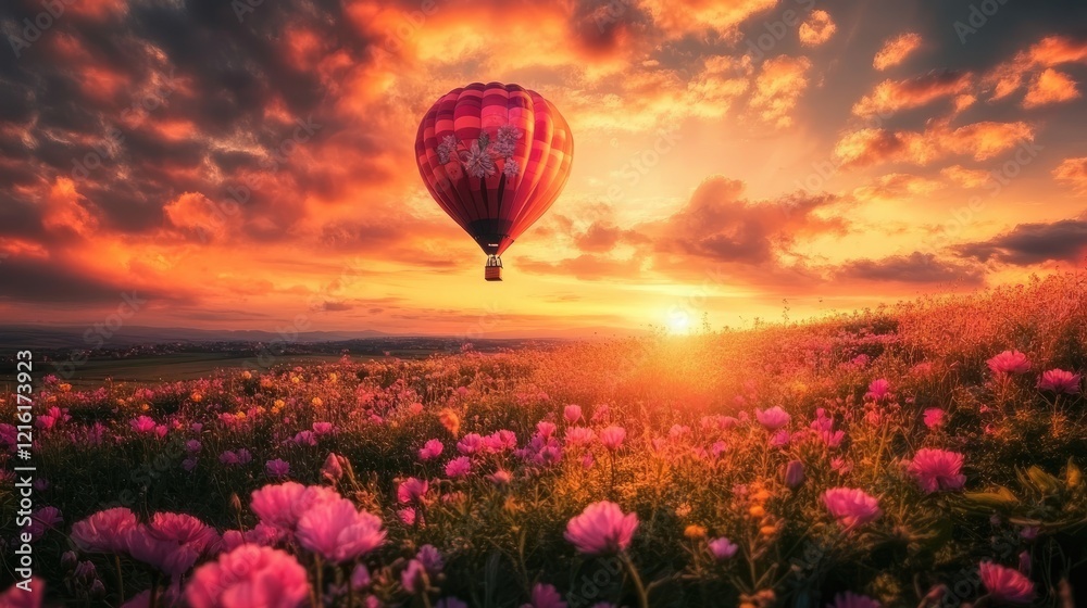 Fototapeta premium A beautiful flower-shaped hot air balloon soaring above a flower-filled field, with a breathtaking sunset casting golden hues over the landscape