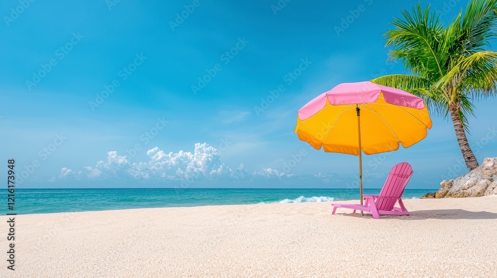 Beach chair and umbrella set up on sandy beach under clear blue sky during sunny day Beach chair and umbrella set up on sandy beach under clear blue sky during sunny day