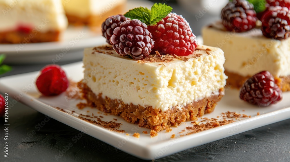Delicious Cheesecake with Raspberry and Strawberry Berries on a Dark Plate - Food Photography from Bakery Delicious Cheesecake with Raspberry and Strawberry Berries on a Dark Plate - Food Photography from Bakery