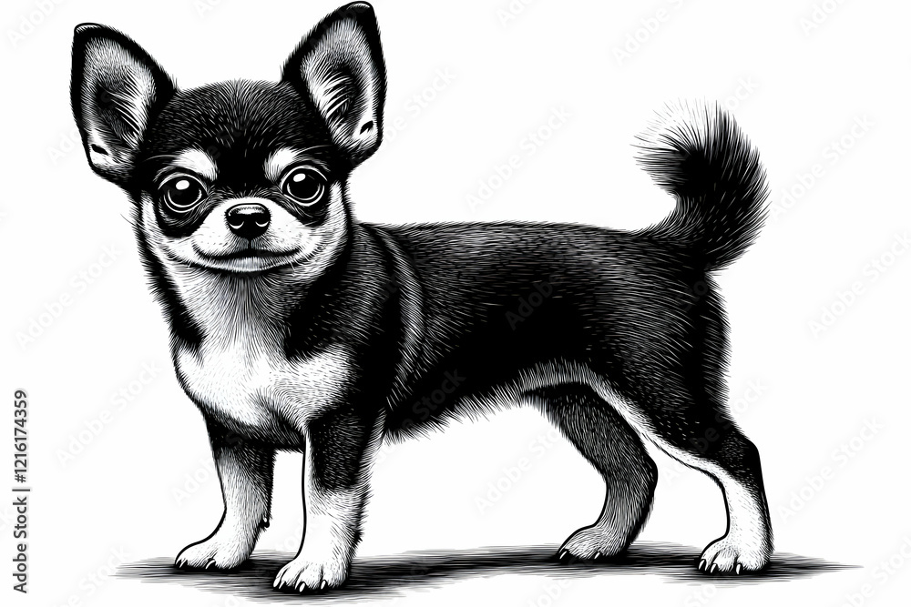 Detailed Illustration of a Small Dog Standing Alertly with a Curious Expression Detailed Illustration of a Small Dog Standing Alertly with a Curious Expression
