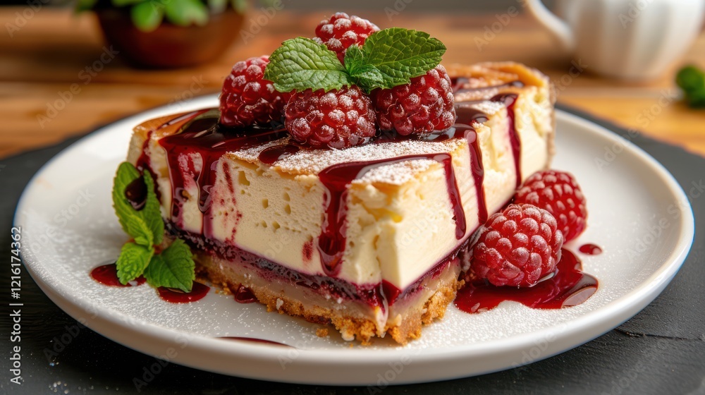 Delicious Cheesecake with Raspberry and Strawberry Berries on a Dark Plate - Food Photography from Bakery Delicious Cheesecake with Raspberry and Strawberry Berries on a Dark Plate - Food Photography from Bakery