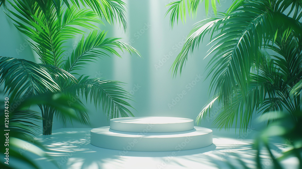 A product showcase with a white two-tiered pedestal is surrounded by lush green palm fronds with a bright overhead light. A product showcase with a white two-tiered pedestal is surrounded by lush green palm fronds with a bright overhead light.
