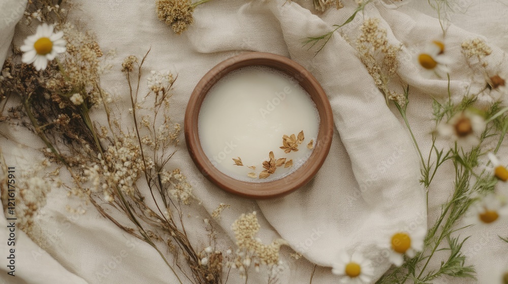A tranquil setup with a bowl of natural exfoliant, dried flowers, and soft beige linen. A tranquil setup with a bowl of natural exfoliant, dried flowers, and soft beige linen.