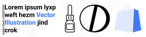 Text in black and blue and three icons including a dropper symbol, no symbol in black and white, and shopping bag in blue. Ideal for marketing, ecommerce, medical services, pharmacy, retail. Landing