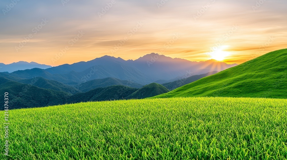 Fototapeta premium Grassy field landscape with mountains in the background under a clear blue sky