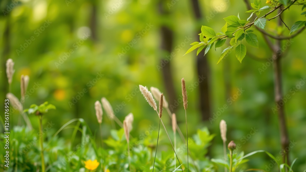 Serene Spring Meadow Delicate Grasses and Lush Green Foliage Serene Spring Meadow Delicate Grasses and Lush Green Foliage
