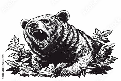 Roaring Bear Illustration Emerges from Foliage with Fierce Intensity and Sharp Claws
