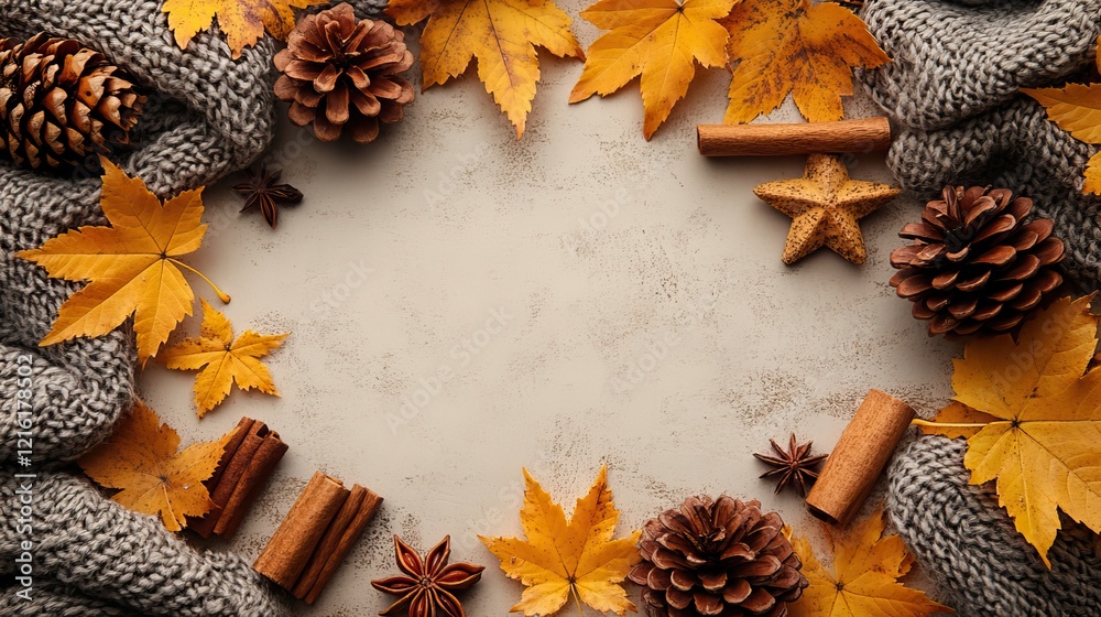 Fototapeta premium Autumn aesthetic concept A top-view photo of cinnamon sticks, anise stars, yellow maple leaves, a plaid scarf, and a pine cone on an isolated beige background with copyspace