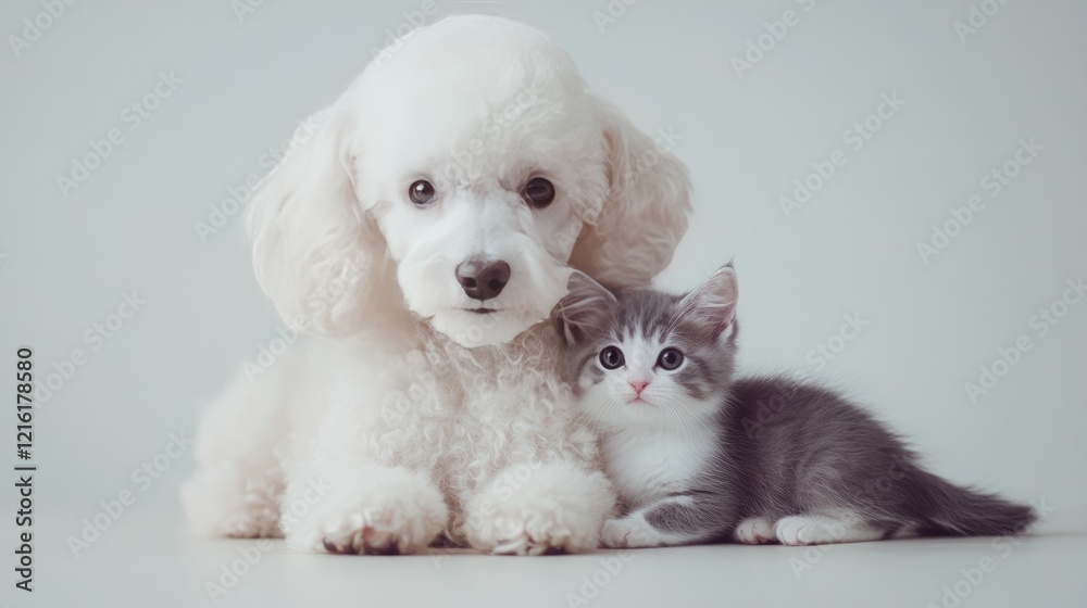 A poodle puppy and kitten posing together on a white background, showcasing their adorable companionship in a calm and simple setting